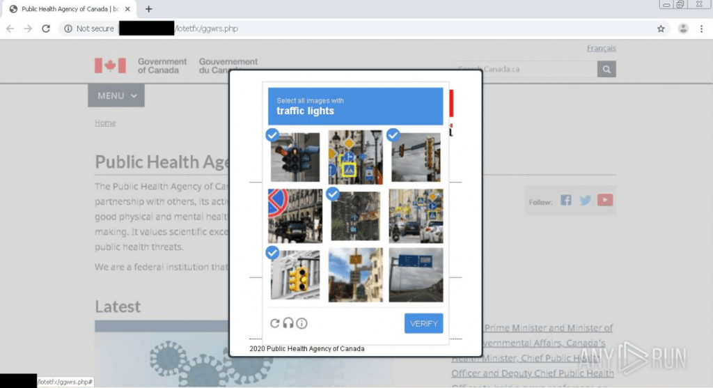 A scammer’s fake version of the Public Health Agency of Canada website, with a fake “captcha” challenge to trick users into falling for the COVID-19 scam content.