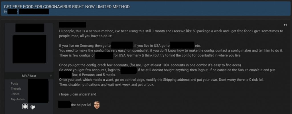 Screenshot of a popular criminal forum showing a threat actor sharing instructions for meal-kit delivery account takeover (ATO), a coronavirus scam that targets consumers who have reused passwords.