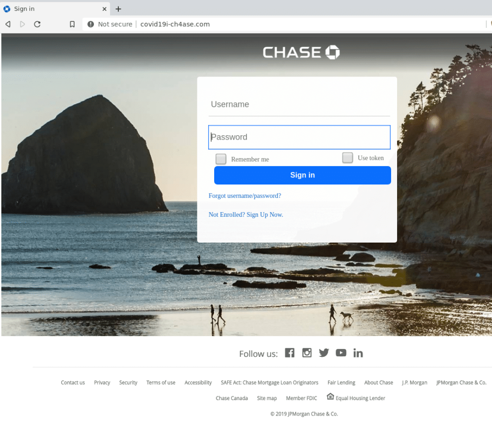 Screenshot of a phishing domain masquerading as a Chase Bank login page, collected by SpyCloud researchers during an investigation of new domains hosting coronavirus scams and malware.