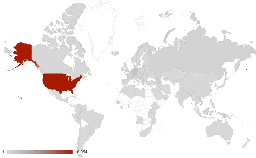 Heat map showing locations of servers hosting COVID-19 themed content, compiled for SpyCloud research into new domains that may be hosting coronavirus scams or malware.