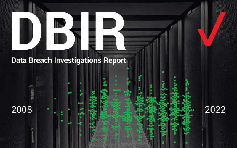 Cover image for the Verizon 2022 Data Breach Investigations Report depicting a server room with a greed dot timeline overlay to show the increase in contributors over time
