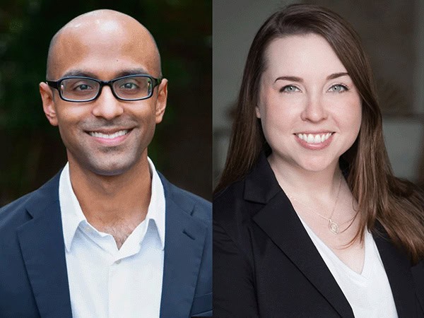 Two professional cybersecurity experts smiling in business attire for SpyCloud.