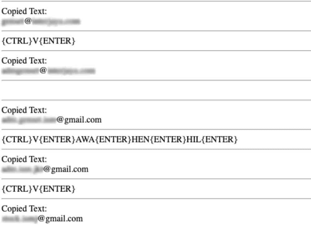 Screenshot of an “Artemis” log file showing the clipboard theft and keystroke logging