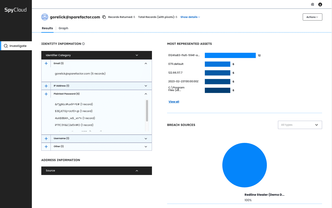 SpyCloud Investigations screenshot showing identity intelligence functionality