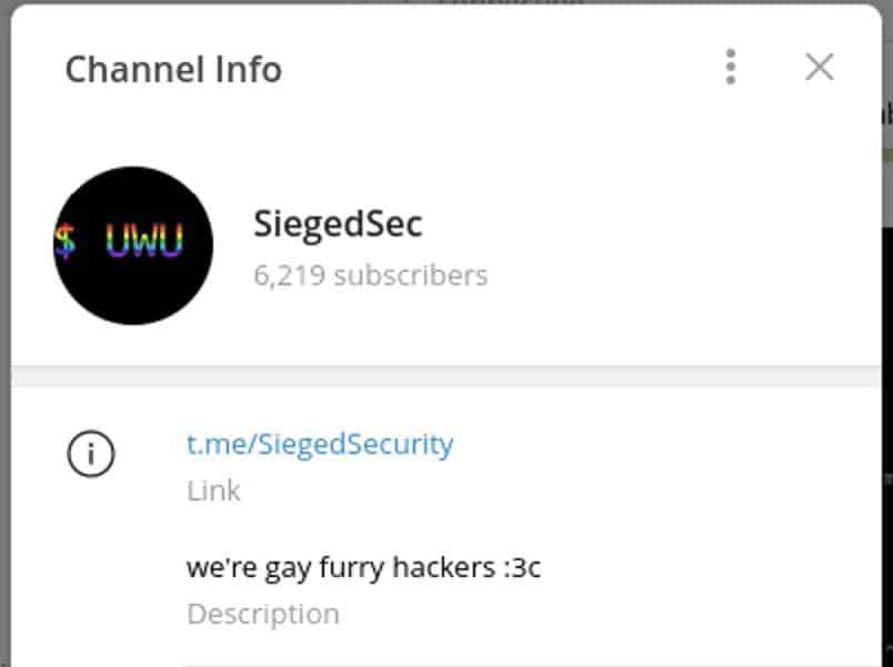 Screenshot of the channel info from SiegedSec’s Telegram Channel.