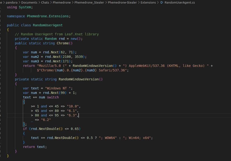 Image 3: Code from Phemedrone which shows how it can easily change its useragent on the fly.