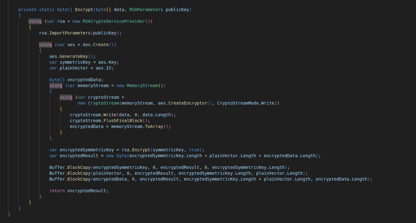 Image 5: Code from Phemedrone shows that it can successfully encrypt information using AES+RSA.