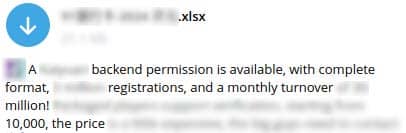 Figure 1: A China-based threat actor providing a data leak file and advertising that backend permissions are available and other high quality data features