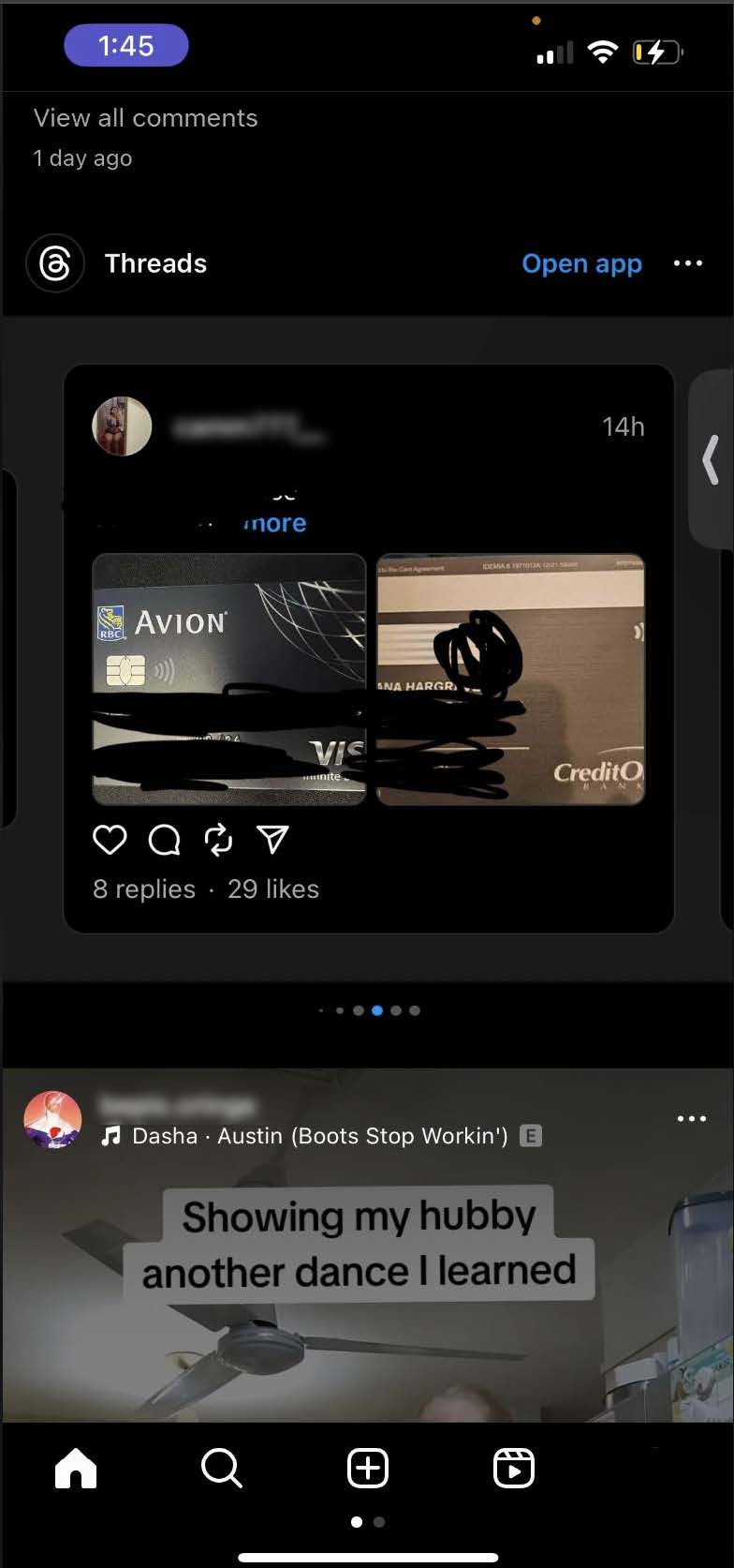 Screenshots from a Reddit user showing Threads posts containing photos of stolen credit cards