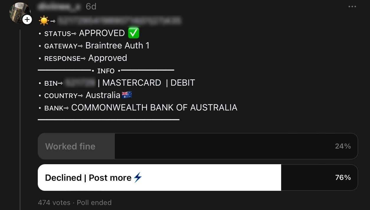 Screenshot of a Threads post containing stolen card information