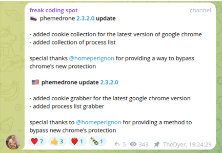 Screenshot of phemedrone dev updates on Telegram