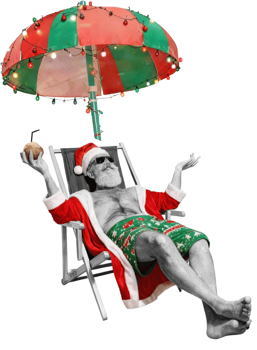 Santa relaxing on a lounge chair with a coconut drink, under a colorful holiday umbrella, celebrating Christmas vibes.