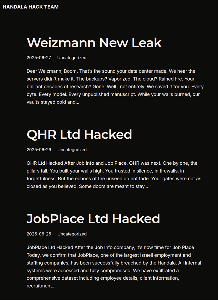 Handala Hack Team’s website claiming multiple hack-and-leak operations against Israeli organizations