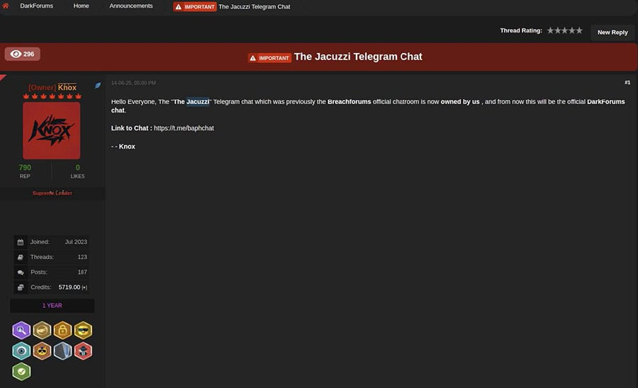 Post on DarkForums announcing that the Jacuzzi Telegram chat is now the official DarkForums Telegram chat