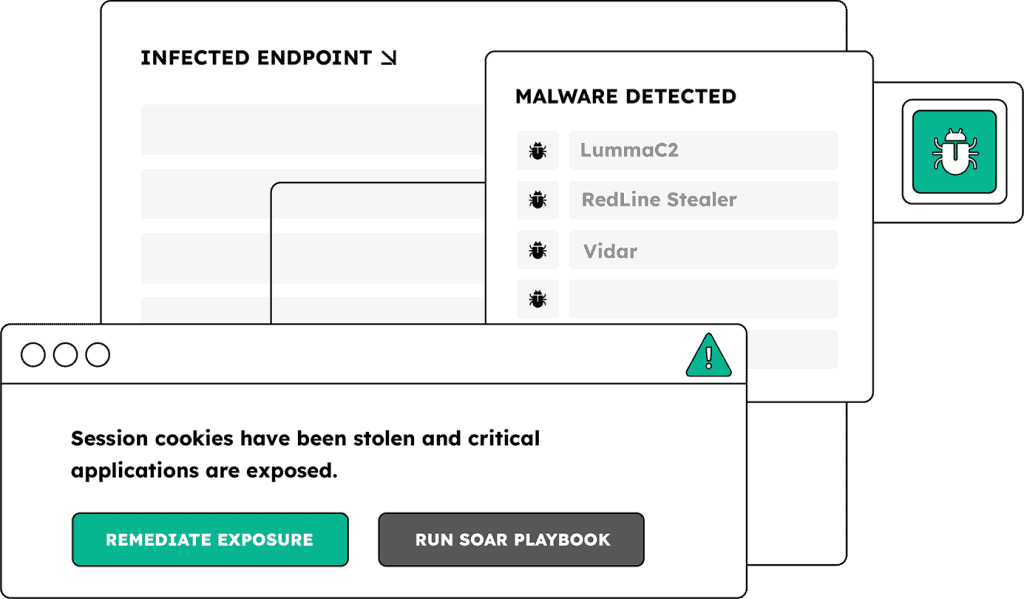 Cybersecurity dashboard showing malware detection and threat alerts.