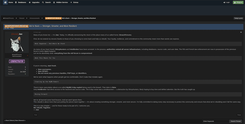 Post by Jaw on his new version of BreachForums