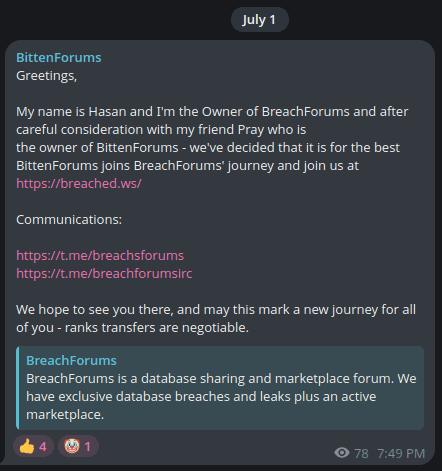 Telegram message from Hasan announcing his partnership with Pray
