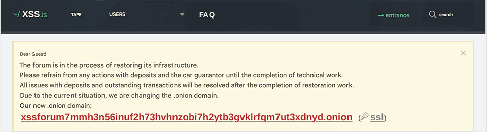 XSS announcement about their website restoration after their website was seized by law enforcement