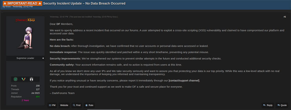 Announcement from DarkForums owner Knox about the XSS bug found on their forum