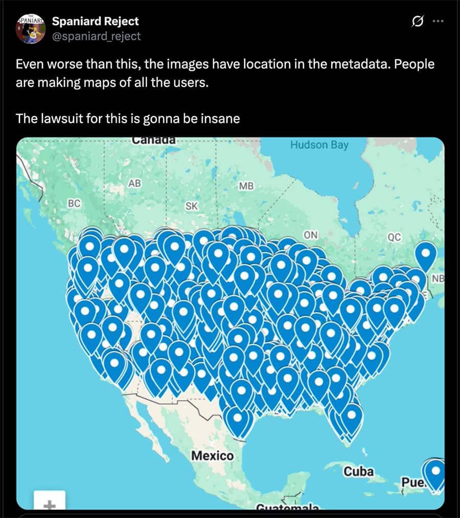 Post to Twitter/X claiming that people are making maps of Tea users using location data embedded in the leaked images.