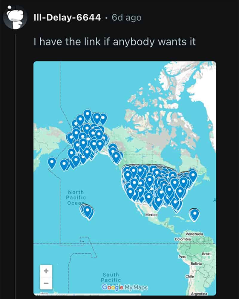 Comment in a Reddit thread about this map that appears to show location marker pins on uninhabited Aleutian Islands in Alaska.