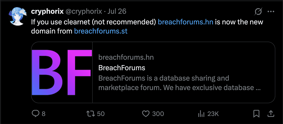 Post to Twitter/X highlighting BreachForums’ move to a new clearnet website domain.