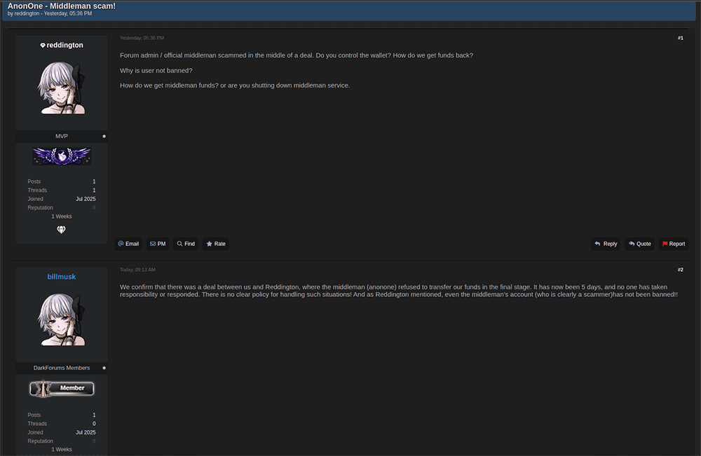 Post accusing AnonOne of stealing money while acting as the middleman in a transaction on DarkForums