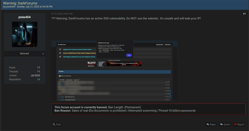 Post on BreachForums about an XSS vulnerability in the DarkForums website.