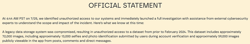 Snippet from Tea’s official statement regarding the security incident.