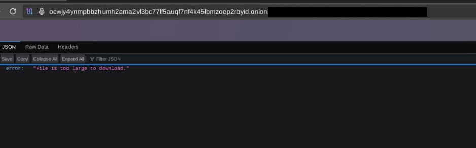 Error message on the Warlock DLS stating that the file is too large to download.
