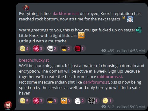 Telegram post from the fake Chucky’s account stating that their new forum will be launching soon