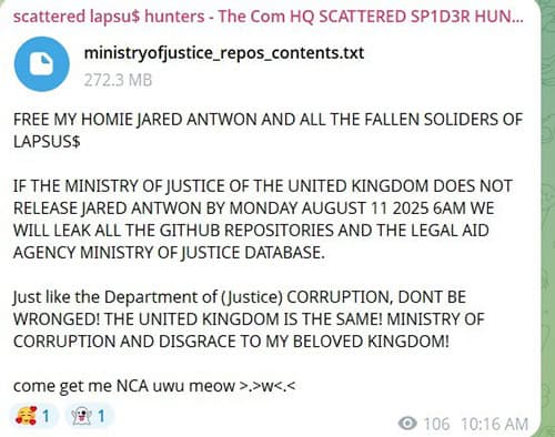 Screenshot from one of the scattered lapsu$ hunters channels on Telegram