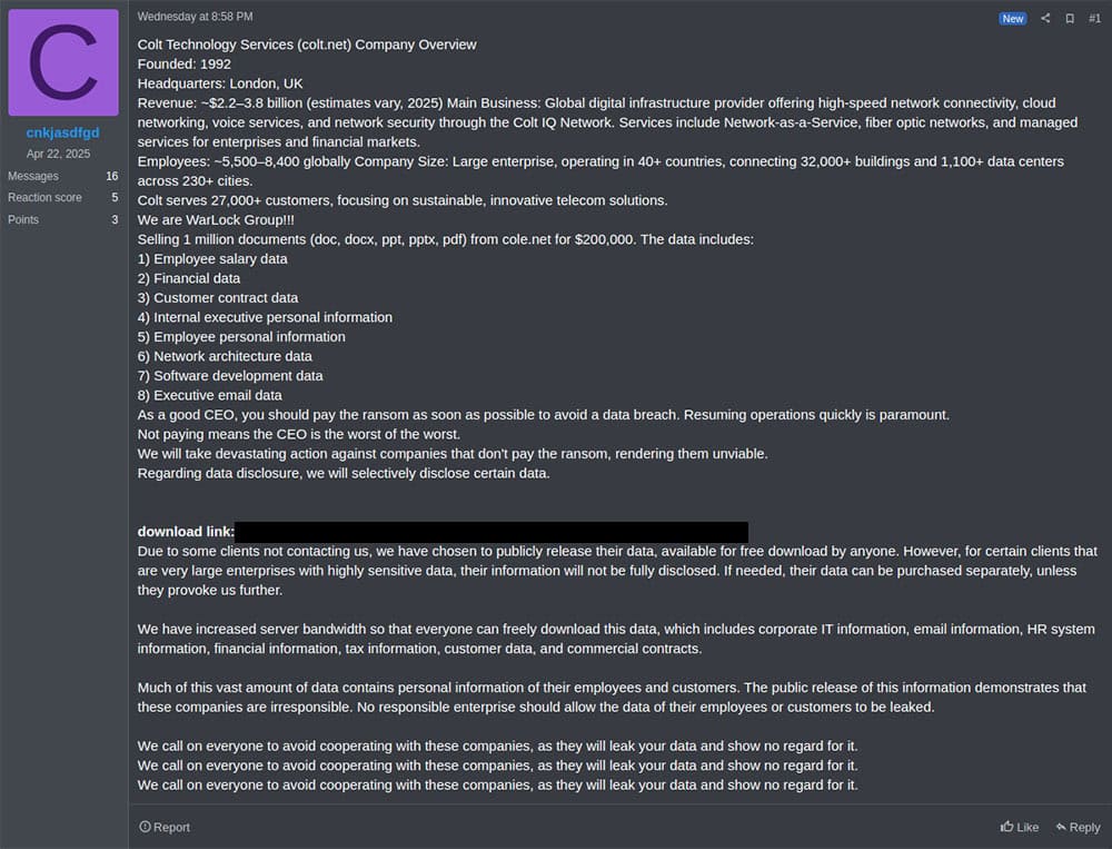 Another Warlock post on the RAMP forum about a different telecommunications company they claim to have breached