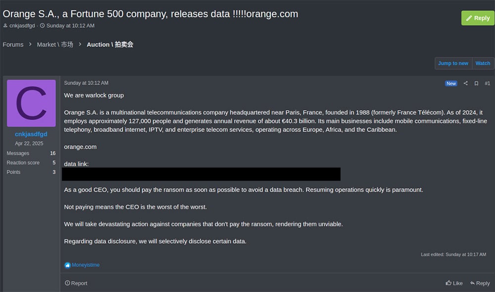 Post on the RAMP forum by the Warlock Ransomware group about a telecommunications company they claim to have breached