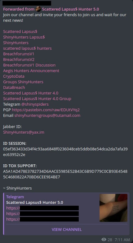 Invitation for followers to join the “Scattered Lapsus$ Hunter 5.0” channel.