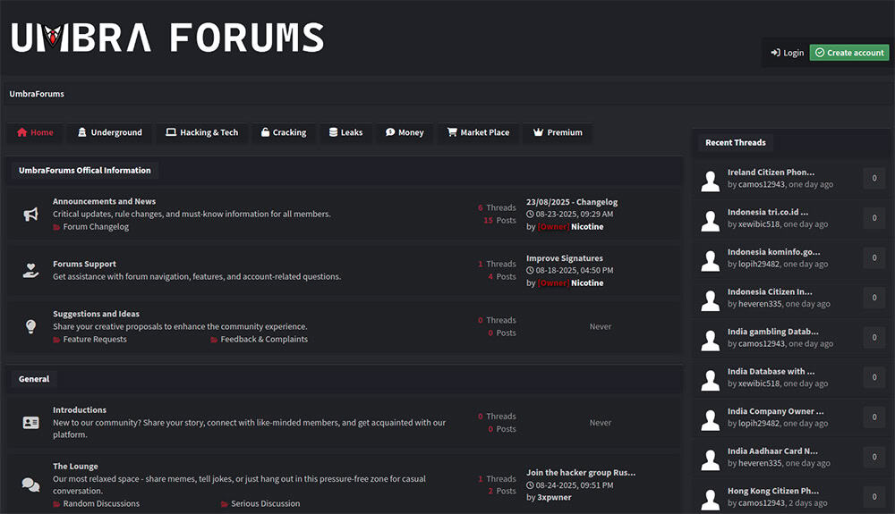 Screenshot of the homepage for umbraforums[.]net.