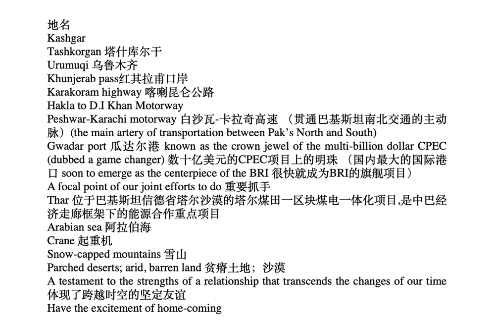 Language and symbolism suggestions for Pakistani-China relations from a document titled CPEC.docx