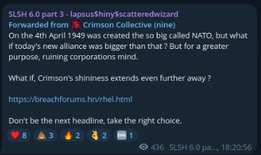 Post from the Crimson Collective on Telegram announcing their use of the SLSH DLS