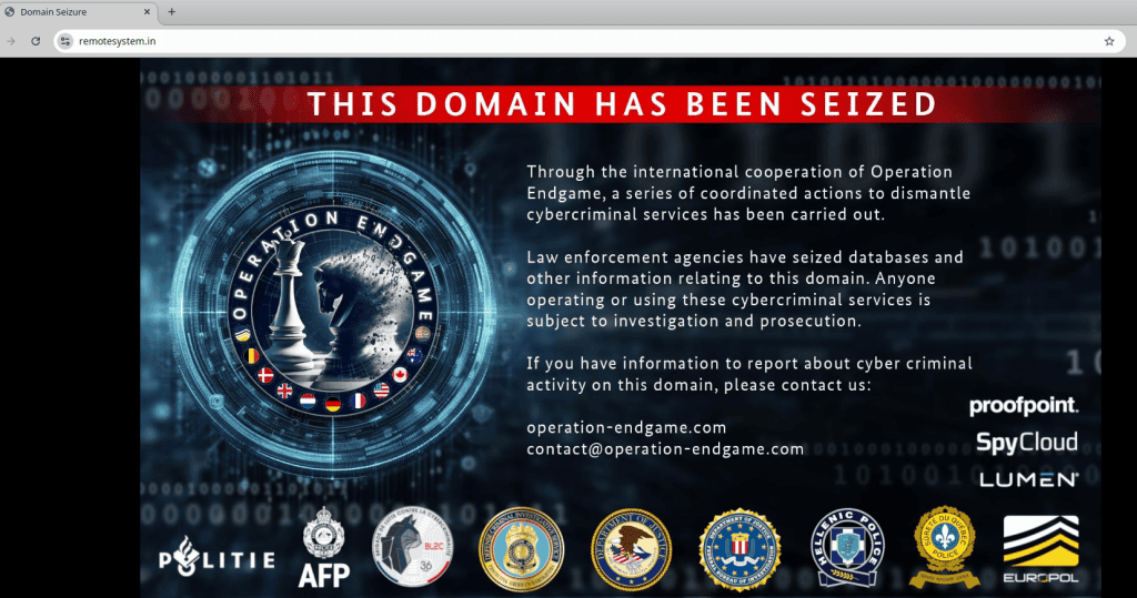 Cybercriminal domain seizure image, Operation Endgame, law enforcement cybercrime investigation, seized databases, digital security.
