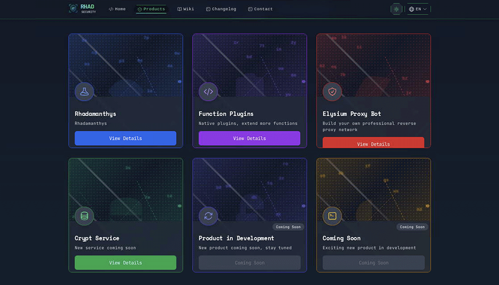 RHAD Security .onion site that appears to be selling Rhadamanthys, Elysium, and a crypter service