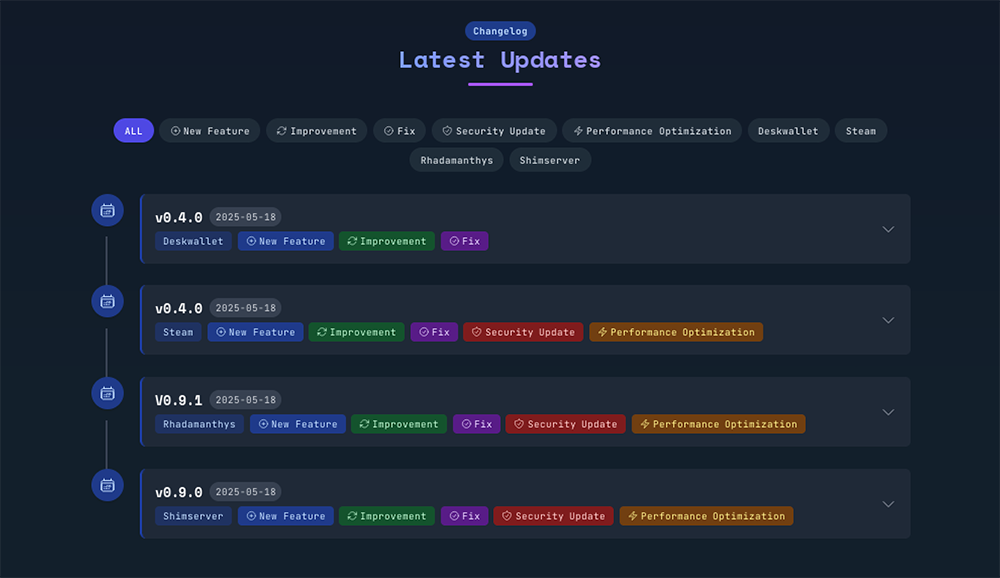 Changelog on the RHAD Security .onion site showing that no new Rhadamanthys updates have been published since May 2025.