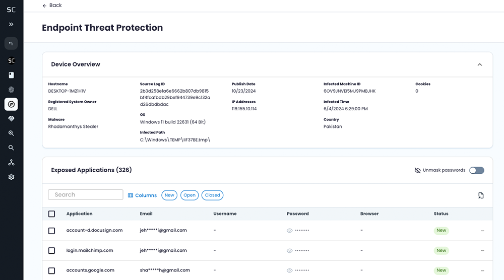 Cybersecurity dashboard showing endpoint threat protection and exposed applications.