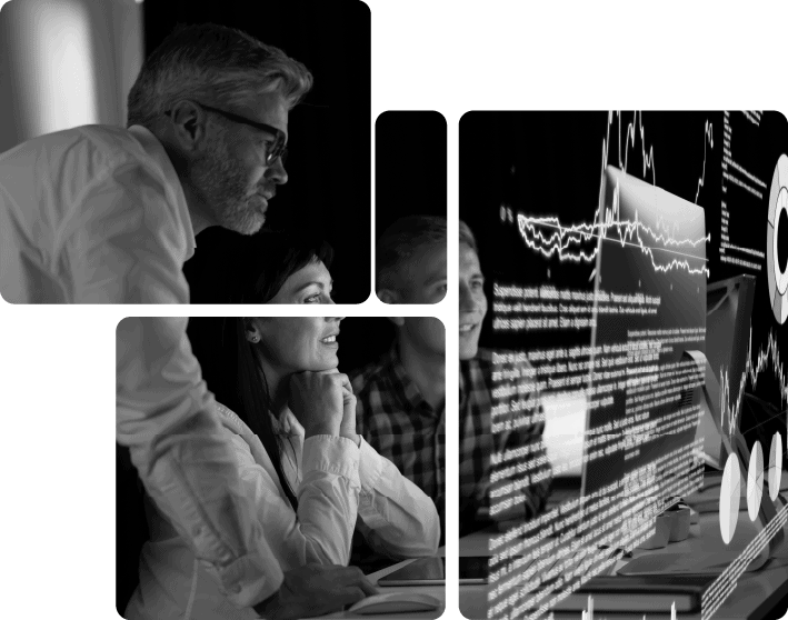 Cybersecurity team analyzing threat data on digital screens.