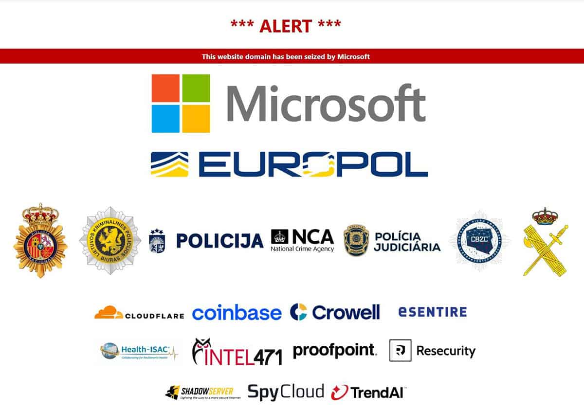 Cybersecurity alert showing domain seizure by Microsoft and law enforcement agencies.