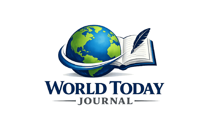 Logo of World Today Journal featuring a globe, open book, and feather quill.