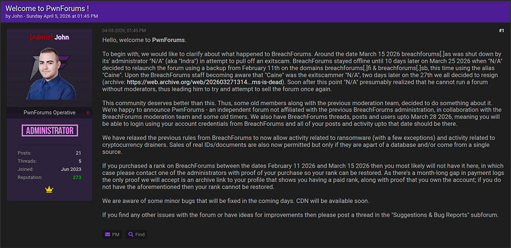 Cybersecurity threat detection related to breach forums and cybercriminal activities.