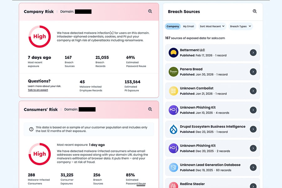 Comprehensive database of breached identities and data leaks.