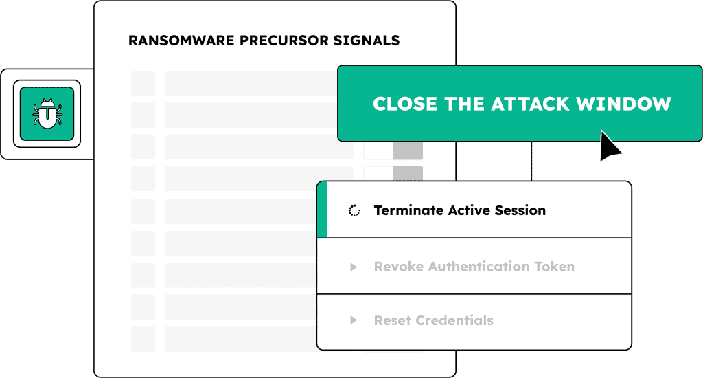 Ransomware prevention interface with attack window and session controls.