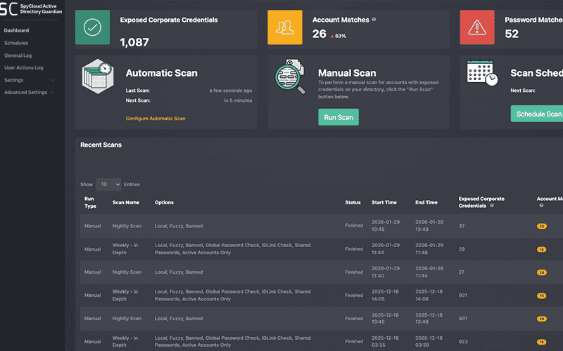 Cybersecurity dashboard showing credential scans, account matches, and security status metrics.