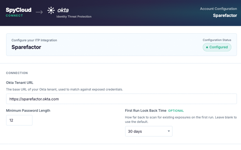 SpyCloud dashboard showing identity threat protection and configuration status.